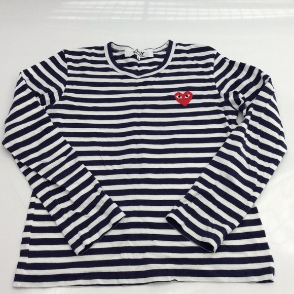 Comme des Garcons PLAY Blue/White Little Heart Long Sleeve Striped T-shirt - Picture 1 of 4